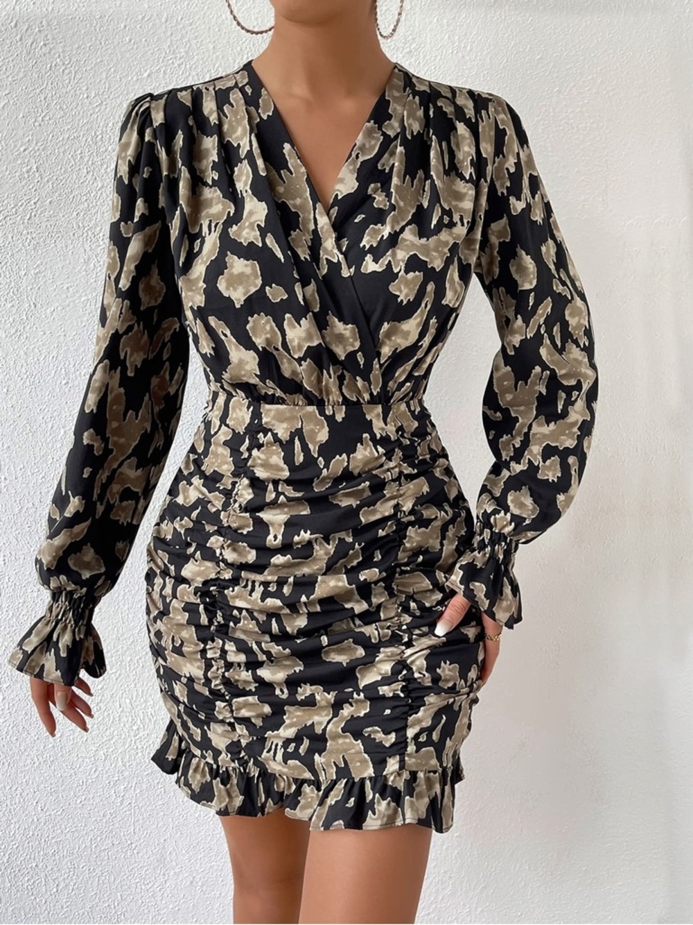 Black and Taupe Animal Print Satin Dress